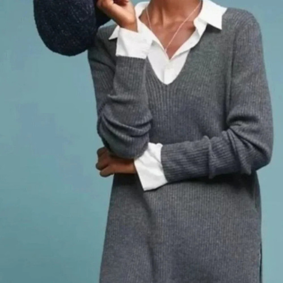 Anthropologie Tunic Sweater Sz M Merino Wool Neutral Lagenlook Minimalist Soft - Picture 13 of 14